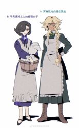 Rule 34 | absurdres, apron, argus (reverse:1999), basket, black bow, black footwear, black hair, blonde hair, boots, bow, braid, brown footwear, chinese text, dark-skinned female, dark skin, dress, green dress, hair over one eye, hair over shoulder, hand on own hip, highres, hl (iamawhitehippo), holding, holding basket, lace-up boots, laundry basket, legs apart, long dress, long hair, looking at viewer, maid, one eye covered, pink eyes, purple dress, reverse:1999, short hair, single braid, standing, translation request, tuesday (reverse:1999), watermark, weibo watermark, white apron, white background, yellow eyes