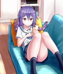 Rule 34 | 1girl, absurdres, ahoge, black socks, blue bow, blue bowtie, book, bookshelf, bow, bowtie, braided twintails, cellphone, collarbone, commentary request, couch, crotch seam, diagonal-striped bow, diagonal-striped bowtie, diagonal-striped clothes, expressionless, full body, grey skirt, hand on own chest, hand up, highres, holding, holding phone, indoors, legs, light blush, living room, long hair, looking at phone, low twintails, lying, miniskirt, multicolored hair, on back, on couch, on pillow, orange eyes, original, panties, pantyshot, parted lips, phone, pink hair, pleated skirt, purple hair, purple panties, red pupils, sailor collar, school uniform, serafuku, shirt, short sleeves, skirt, smartphone, socks, streaked hair, striped clothes, twintails, underwear, upskirt, urushiushiru, white sailor collar, white shirt, wooden floor