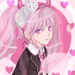 1girl akiocream black_jacket bow child closed_mouth danganronpa_(series) danganronpa_another_episode:_ultra_despair_girls eyelashes fake_horns feathers female_focus hairband headband heart horned_headwear horns jacket looking_at_viewer multicolored_background neck_ribbon pink_background pink_eyes pink_feathers pink_hair pink_hairband pink_headband pink_headwear pink_heart pink_horns pink_lips pink_ribbon polka_dot polka_dot_bow ribbon simple_background smile solo sunglasses twintails upper_body utsugi_kotoko white_background white_bow