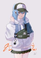 1girl :p asymmetrical_sidelocks bag baseball_cap belt_bag black_hat black_skirt blue_eyes blue_hair blue_jacket blue_nails charm_(object) commentary cowboy_shot double-parted_bangs earphones earrings green_bag hair_between_eyes hand_in_pocket hand_up hashtag-only_commentary hat high_ponytail highres hololive hood hooded_jacket hoshimachi_suisei hoshimachi_suisei_(11th_costume) jacket jewelry looking_at_viewer maria_onnette miniskirt multicolored_hat multicolored_jacket nail_polish official_alternate_costume pleated_skirt pocket ponytail signature simple_background skirt solo star_(symbol) star_in_eye symbol_in_eye tongue tongue_out turtleneck two-tone_hat two-tone_jacket virtual_youtuber white_background white_hat white_jacket wireless_earphones