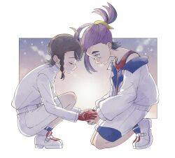 1boy 1girl belt border brown_hair closed_eyes closed_mouth commentary_request game_freak gloves hairband highres jacket juliana_(pokemon) kieran_(pokemon) kneeling medium_hair nintendo open_clothes open_jacket outside_border pokemon pokemon_sv purple_hair red_gloves red_shirt s_s_k00 shirt shoes shorts sleeveless sleeveless_shirt spoilers squatting sun sunlight tears white_border white_footwear white_jacket white_shorts yellow_hairband