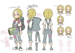 1girl arrow_(symbol) artist_request backpack bag blonde_hair blue_bag blue_overalls blue_shoes bright_pupils closed_eyes closed_mouth concept_art doodle_inset eyelashes from_behind from_side full_body grey_eyes holding holding_sketchbook mina_(pokemon) multiple_views nintendo official_art open_mouth overalls paint_in_hair paint_on_clothes paint_splatter paint_splatter_on_face pokemon pokemon_lgpe portrait shirt shoes short_sleeves sketchbook smile standing third-party_source thumbs_up translation_request twintails white_pupils white_shirt