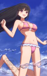 Rule 34 | 1girl, beckody, belt, belt skirt, bikini, black hair, breasts, collarbone, highres, hime cut, houraisan kaguya, long hair, medium breasts, midriff, navel, pink bikini, red eyes, smile, solo, swimsuit, touhou, very long hair