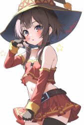 Rule 34 | 1girl, armpit crease, artist name, bare shoulders, black gloves, black thighhighs, blue eyes, breasts, bright pupils, brown choker, brown hair, brown hat, choker, commentary request, cowboy shot, detached sleeves, fingerless gloves, gloves, gradient eyes, hat, highres, kono subarashii sekai ni shukufuku wo!, long sleeves, looking at viewer, megumin, midriff, multicolored eyes, navel, open mouth, pleated skirt, po yo ta ma, red eyes, red skirt, red sleeves, red tube top, short hair with long locks, simple background, single thighhigh, skirt, small breasts, solo, strapless, thighhighs, tube top, two-sided fabric, two-sided headwear, two-tone eyes, v, white background, white pupils, witch hat