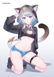 1girl :p absurdres animal_ear_fluff animal_ear_hood animal_ears artist_name black_choker black_hoodie black_socks blue_eyes blue_nails blue_shorts breasts breasts_apart cat_cutout cat_ears cat_girl cat_tail choker cipher_(honkai:_star_rail) cleavage_cutout clothing_cutout commentary cropped_hoodie dolphin_shorts fake_animal_ears fingernails full_body grey_hair hand_up higekuru highres honkai:_star_rail honkai_(series) hood hood_up hoodie kneeling long_sleeves looking_at_viewer nail_polish navel shorts simple_background small_breasts socks solo stomach tail thigh_strap tongue tongue_out white_background