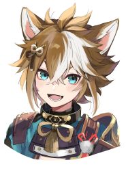 1boy :d animal_ears armor blue_eyes brown_hair bush dog_boy dog_ears eyeliner fang genshin_impact gorou_(genshin_impact) highres knot l_shiro_p looking_at_viewer male_focus multicolored_hair open_mouth pom_pom_(clothes) red_eyeliner shirt shoulder_armor sidelocks simple_background smile solo streaked_hair tassel white_background white_shirt
