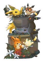 Rule 34 | black eyes, coffee beans, colored sclera, cooking pot, flower, food, gen 1 pokemon, gen 2 pokemon, gen 8 pokemon, highres, hoothoot, jolteon, leaf, milcery, nintendo, no humans, open mouth, pawmi, pokemon, pokemon (creature), red sclera, simple background, sitting, smile, umbreon, volpecorvo, white background