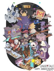 ;d absurdres alphys androgynous animal_ears anniversary annoying_dog armor arthropod_girl asgore_dreemurr black_hair black_sclera blonde_hair blue_skin bratty_(undertale) brown_hair burgerpants catty_(undertale) closed_eyes colored_sclera colored_skin crown dogamy dogaressa doggo everyone eyepatch fang final_froggit fins flower flowey_(undertale) frisk_(undertale) froggit furry glasses gloves goat_ears grin head_fins highres horns houten_(dre_a_mer) long_sleeves mettaton mettaton_(box) moldsmal monster_boy monster_girl monster_kid_(undertale) muffet multiple_boys multiple_girls napstablook nice_cream_guy one_eye_closed open_mouth papyrus_(undertale) photoshop_flowey polearm ponytail purple_skin red_hair royal_guard_01_(undertale) royal_guard_02_(undertale) sans_(undertale) scarf sharp_teeth shirt short_hair shorts shyren skeleton slippers smile snowman striped_clothes striped_shirt teeth temmie toriel undertale undyne vegetoid weapon whimsalot whimsun yellow_sclera yellow_skin