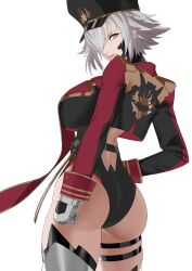 Rule 34 | 1girl, ass, breasts, crop top, cyborg, gloves, grey hair, hat, indie virtual youtuber, jacket, jolsune, leg strap, leotard, long sleeves, short hair, sleeve cuffs, virtual youtuber, white background, yellow eyes, zentreya, zentreya (commander), zentreya (cyborg)