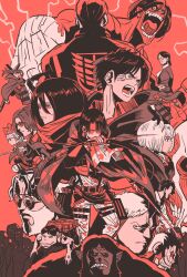 Rule 34 | armin arlert, armored titan, ascot, back, beard, beard stubble, beast titan, bertolt hoover, blood, blood on clothes, bob cut, cape, cart titan, character request, colossal titan, commentary request, connie springer, crown, eren yeager, facial hair, facial mark, father and son, glasses, grisha yeager, hair between eyes, hange zoe, highres, holding, holding weapon, hood, hooded cape, jean kirstein, krista lenz, levi (shingeki no kyojin), mikasa ackerman, monkey, open mouth, ponytail, red theme, reiner braun, rogue titan, sasha blouse, shingeki no kyojin, short hair, sidelocks, stubble, takeuchi ryousuke, titan (shingeki no kyojin), v-shaped eyebrows, weapon, zeke yeager