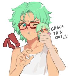 !? 1boy arm_up character_doll cove_holden doll english_text glasses green_eyes green_hair highres holding holding_doll looking_at_object male_focus messy_hair multiple_views one_eye_closed open_mouth our_life:_beginnings_and_always short_hair solo surprised sweatdrop tank_top viewer_self-insert white_background white_tank_top xrsjbz