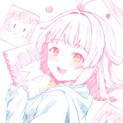1girl absurdres ahoge blue_jacket blunt_bangs blunt_ends blush bow bowtie commentary_request heart highres holding holding_sketchbook hood hooded_jacket jacket kuntze long_sleeves looking_at_viewer love_live! love_live!_nijigasaki_high_school_idol_club medium_hair open_mouth pink_hair rina-chan_board sidelocks sketchbook smile solo star_(symbol) teeth tennoji_rina upper_body upper_teeth_only white_background yellow_bow yellow_bowtie yellow_eyes