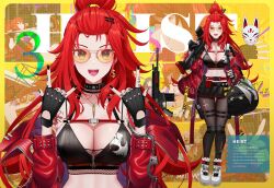 1girl absurdres arm_tattoo bag banknote battle_rifle belt belt_collar bikini black_bag black_bikini black_collar black_nails black_skirt blush breasts bullet bullet_necklace cleavage collar collarbone cuffs dollar_sign dragon_tattoo duffel_bag earrings elly_(vtuber) elly_(vtuber)_(heist) english_text finger_tattoo fn_scar_17 fox_mask glasses gold_earrings green_eyes gun hair_ornament hairclip handcuffs highres holding holding_gun holding_weapon holstered indie_virtual_youtuber jacket jewelry long_hair long_sleeves mask miniskirt money nail_polish necklace open_mouth pantyhose pleated_skirt red_belt red_hair red_jacket rifle riki-to shoes skirt smile swimsuit tattoo virtual_youtuber weapon white_shoes zipper zipper_pull_tab