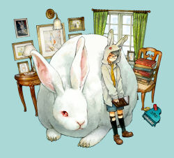 1boy animal_ears animal_hood aqua_background black_shoes blue_shorts book book_stack brown_shoes chair claws glasses green_curtains grey_hair highres holding holding_book hood hoodie instrument mini_piano original piano picture_frame rabbit rabbit_ears rabbit_hood shoes short_hair shorts table wall_lamp white_hoodie window yoshida_seiji