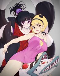 2girls beetlejuice black_lips blonde_hair breasts brown_eyes covered_navel dress eyeshadow goth_fashion headband highres lipstick looking_at_viewer lydia_deetz makeup mandy_(grim_adventures) mandy_(grim_adventures) medium_breasts multiple_girls pink_dress ponytail purple_eyes sharp_teeth shiny_skin short_dress short_hair simple_background slugbox teeth the_grim_adventures_of_billy_&amp;_mandy white_background