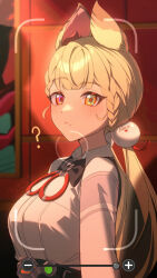 1girl :&lt; ? alice_thymefield animal_ears black_bow black_bowtie blonde_hair bow bowtie braid breasts collared_shirt commentary_request heterochromia highres long_hair long_sleeves looking_at_viewer looking_to_the_side low_twintails medium_breasts orange_eyes shirt so_zei_tama_tama solo twin_braids twintails upper_body viewfinder white_shirt zenless_zone_zero