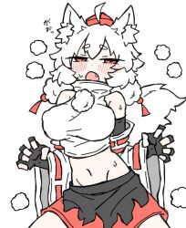 Rule 34 | 1girl, animal ears, black gloves, blush, breasts, fumomono, gloves, highres, inubashiri momiji, medium breasts, medium hair, miniskirt, open mouth, skirt, steam, tail, touhou, underwear, white background, white hair, wolf ears, wolf girl, wolf tail