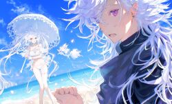 1boy 1girl ahoge beach bikini blue_sky claw_mark earrings fate/grand_order fate_(series) fou_(fate) highres jewelry lady_avalon_(second_ascension)_(fate) long_hair merlin_(fate) merlin_(overnight_dream)_(fate) navel ocean parasol pointy_ears purple_eyes sky swimsuit twintails uda_(xax_057) umbrella white_bikini white_hair wind