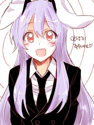 1girl 6_(yuchae) :d @_@ alternate_costume animal_ears business_suit buttons double-breasted female_focus formal_clothes hypnosis korean_text long_hair mind_control necktie open_mouth purple_hair rabbit_ears red_eyes reisen_udongein_inaba smile solo spiral suit touhou translated