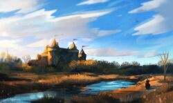 1other bare_tree black_coat blue_sky bush castle coat flag full_body landscape moat original outdoors painterly scenery sky standing tree zandra