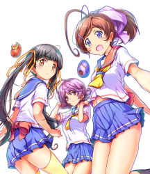 3girls ahoge antenna_hair aoki_ryuusei_spt_layzner black_hair blue_eyes blue_skirt bow bowtie brown_hair clip_studio_paint_(medium) comicstudio egg jumping kaede_kazuki kashi kuohin_shiori layzner looking_back looking_down miniskirt multiple_girls muteki_choujin_zambot_3 nanachi_maachi navel official_art orange_eyes photoshop_(medium) purple_eyes purple_hair school_uniform serafuku skirt sun_musume:_girl&#039;s_battle_bootlog sunrise_(company) thighhighs twintails white_background zambot_3 zettai_ryouiki