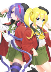 Rule 34 | 2girls, absurdres, back-to-back, beret, bic camera, black hat, blonde hair, blue eyes, blush, character name, clenched hand, closed mouth, commentary, commission, cowboy shot, crown, fingernails, flower, fujisawa-tan, green sailor collar, green skirt, grin, hachiouji-tan, hair between eyes, hair flower, hair ornament, hair over one eye, hand up, hat, headphones, headphones around neck, highres, holding, holding leaf, jacket, leaf, long hair, long sleeves, looking at viewer, miniskirt, multicolored hair, multiple girls, one eye covered, open clothes, open jacket, otou (otou san), pink hair, pleated skirt, purple eyes, purple flower, purple hair, purple thighhighs, red jacket, sailor collar, school uniform, serafuku, shirt, side ponytail, sidelocks, simple background, skirt, smile, streaked hair, striped clothes, striped thighhighs, tareme, thighhighs, twintails, very long hair, white background, white shirt, wide sleeves, zettai ryouiki