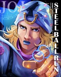 Rule 34 | 1boy, blonde hair, blue eyes, blue hat, blue lips, blue nails, character name, commentary, english commentary, english text, hannrum, hat, highres, horseshoe, horseshoe hat ornament, johnny joestar, jojo no kimyou na bouken, looking at viewer, makeup, male focus, medium hair, nail polish, pointing, pointing at viewer, portrait, solo, star (symbol), star print, steel ball run