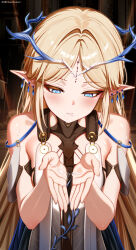 Rule 34 | 1girl, absurdres, artist name, bare shoulders, black collar, black dress, blonde hair, blue eyes, blush, breasts, cartethyia (wuthering waves), closed mouth, collar, commentary request, crown of thorns, cum, cum in mouth, cum on body, cum on hands, dress, earrings, hair behind ear, hair intakes, highres, huanyi huanhuanzi, jewelry, long hair, pointy ears, sidelocks, small breasts, solo, stray pubic hair, sweat, tabard, tacet mark (wuthering waves), upper body, very long hair, white tabard, wuthering waves