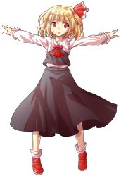 1girl alphes_(style) black_dress black_vest blonde_hair blouse collared_shirt commentary_request dairi dress fang frilled_sleeves frills full_body hair_ornament hair_ribbon large_variant_set long_sleeves looking_at_viewer open_mouth outstretched_arms parody red_eyes red_ribbon red_shoes ribbon rumia shirt shoes short_hair solo style_parody sweatdrop tachi-e touhou transparent_background two-tone_ribbon variant_set vest white_shirt