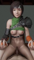 1boy 1girl 3d animated armor black_hair bouncing_breasts breasts clothed_female_nude_male cowgirl_position female_pubic_hair final_fantasy final_fantasy_vii final_fantasy_vii_remake gloves headband hetero highres holding_hands lazyprocrastinator looking_at_viewer materia no_bra no_panties nude open_clothes open_mouth penis pov pubic_hair pussy sex short_hair shoulder_armor smile square_enix straddling sweater tagme uncensored video yuffie_kisaragi