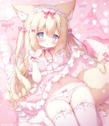 1girl animal_ear_fluff animal_ears blonde_hair blue_eyes blush bow bow_panties clothes_lift dog_ears dog_girl dog_tail dress dress_lift hair_ornament hairband hairclip highres lifting_own_clothes lolita_hairband long_hair lying momozu_komamochi navel no_shoes on_back original panties pillow pink_dress pink_panties pink_ribbon pink_thighhighs ribbon short_sleeves solo strapless strapless_dress tail thighhighs thighs two_side_up underwear