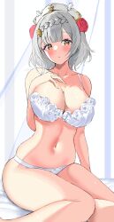 1girl absurdres blush bra braid braided_bangs breasts flower flower_bra genshin_impact grey_hair hair_flower hair_ornament hair_scrunchie hand_on_own_chest hat highres kisahipi large_breasts looking_at_viewer medium_hair navel noelle_(genshin_impact) panties red_flower red_rose rose scrunchie shield single_braid solo stomach thighs underwear white_bra white_flower white_hat white_panties yellow_eyes