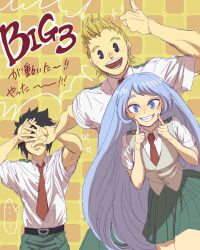 1girl 2boys amajiki_tamaki black_hair blonde_hair blue_eyes blue_hair blush boku_no_hero_academia commentary_request hado_nejire heart highres long_hair multiple_boys necktie nikoban red_necktie school_uniform shirt short_sleeves skirt smile thumbs_up togata_mirio twitter_username very_long_hair white_shirt