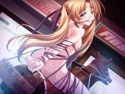 1girl arms_behind_back arms_tied_behind arms_tied_together ball_gag bdsm blonde_hair blush bondage bound bound_arms bound_legs bound_wrists breasts caligula_soft female_focus gag gagged game_cg hair_ornament hair_ribbon horse horseback_riding indoors japanese_text kikuchi_seiji long_hair looking_at_viewer looking_back nipples nude purple_eyes ribbon riding rope saegusa_rumika sideboob sign small_breasts solo sweat tears translated twintails yami_no_kanata