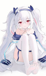 1girl absurdres azur_lane bare_shoulders blue_hairband collarbone collared_halterneck commentary crossed_bangs feet garter_straps hair_between_eyes hairband halterneck head_tilt highres knees_up laffey_(azur_lane) laffey_ii_(azur_lane) legs_together light_blush long_hair looking_at_viewer parted_lips red_eyes sitting skirt sleeves_past_fingers sleeves_past_wrists soles solo thighhighs toes twintails usagi_(786113654) very_long_hair very_long_sleeves white_hair white_skirt white_thighhighs