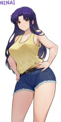1girl absurdres artist_name belt black_belt breasts brown_eyes commentary denim denim_shorts hand_on_own_hip highres katsuragi_misato large_breasts long_hair looking_at_viewer neon_genesis_evangelion ninai purple_hair shorts simple_background smile solo tank_top variant_set white_background yellow_tank_top