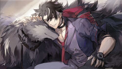 Rule 34 | 1boy, bandaged neck, bandages, black bandages, black gloves, black hair, coat, coat on shoulders, collarbone, earrings, fingerless gloves, genshin impact, gloves, grey pants, grey vest, grin, highres, jewelry, male focus, multicolored hair, necktie, pants, red necktie, sleeves rolled up, smile, tebd menkin, two-tone hair, vest, white hair, wolf, wriothesley (genshin impact)
