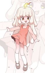 1girl absurdres black_shoes borrowed_character dress fang fire full_body highres long_sleeves looking_at_viewer orenjipiiru original red_dress shoes socks standing white_hair white_socks yellow_eyes zoom_layer