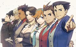 0shlkatsu 3girls 6+boys absurdres ace_attorney apollo_justice apollo_justice:_ace_attorney athena_cykes black_eyes black_hair black_jacket black_pants blue_eyes blue_jacket blue_necktie breasts brown_eyes brown_hair cleavage closed_eyes closed_mouth collared_shirt crossdressing crossed_arms dark-skinned_male dark_skin diego_armando earrings facial_hair gakuran glasses grey_vest hair_slicked_back hand_up hat headband highres jacket jewelry katana kazuma_asogi kristoph_gavin large_breasts long_hair long_sleeves looking_at_viewer magatama magatama_necklace marvin_grossberg medium_breasts mia_fey military_hat multiple_boys multiple_girls mustache necklace necktie orange_hair pants phoenix_wright phoenix_wright:_ace_attorney phoenix_wright:_ace_attorney_-_dual_destinies phoenix_wright:_ace_attorney_-_justice_for_all phoenix_wright:_ace_attorney_-_spirit_of_justice phoenix_wright:_ace_attorney_-_trials_and_tribulations pointing profile red_headband red_necktie red_shirt red_vest ryunosuke_naruhodo ryutaro_naruhodo school_uniform shirt short_hair smile susato_mikotoba sweatdrop sword the_great_ace_attorney upper_body v-shaped_eyebrows vest weapon white_background white_shirt yellow_jacket