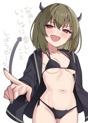 Rule 34 | 1girl, bikini, binsen, black bikini, black jacket, breasts, cowboy shot, demon horns, demon tail, fang, fingernails, green hair, half-closed eyes, highres, horns, idolmaster, idolmaster million live!, jacket, long fingernails, looking at viewer, nagayoshi subaru, navel, open clothes, open jacket, open mouth, red eyes, simple background, solo, standing, swimsuit, tail, thigh gap, white background