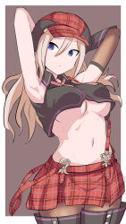 1girl alisa_ilinichina_amiella ame_mugitya armpits arms_behind_head black_boots blonde_hair blue_eyes boots border breasts brown_background brown_pantyhose closed_mouth collared_shirt commentary cowboy_shot crop_top god_eater hair_between_eyes hat highres large_breasts long_hair navel newsboy_cap outside_border pantyhose plaid_clothes plaid_hat plaid_skirt red_hat red_skirt shirt skirt sleeveless sleeveless_shirt solo standing stomach suspender_skirt suspenders thigh_boots underboob white_border