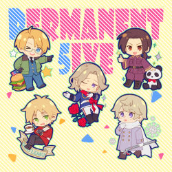 5boys ahoge america_(hetalia) axis_powers_hetalia baggy_pants belt black_gloves black_necktie black_pants black_shoes blonde_hair blood blue_eyes blue_jacket blue_pants blush boots bow breast_pocket brown_boots brown_eyes brown_hair chibi chibi_only china_(hetalia) coat collared_jacket collared_shirt confetti crossed_arms crossed_legs cup english_text facial_hair flower formal_clothes france_(hetalia) full_body fur-trimmed_jacket fur_trim glasses gloves green_eyes green_jacket grey-framed_eyewear hand_on_own_chest hand_on_own_hip hand_up highres holding holding_lead_pipe huacai jacket lapels lead_pipe long_hair long_sleeves looking_at_viewer low_ponytail male_focus military_jacket military_uniform multiple_boys necktie one_eye_closed open_clothes open_jacket open_mouth pants plate pocket pointing pointing_at_another ponytail puffy_long_sleeves puffy_sleeves purple_coat purple_eyes purple_jacket purple_pants red_bow red_flower red_jacket red_rose red_sash rose russia_(hetalia) sash scarf semi-rimless_eyewear shirt shoes short_hair sidelocks sitting smile snowflakes sparkle standing star_(symbol) striped_background stuffed_animal stuffed_panda stuffed_toy suit suit_jacket tea teeth thumbs_up united_kingdom_(hetalia) white_belt white_gloves white_pants white_sash white_scarf white_shirt wide_sleeves yellow_background