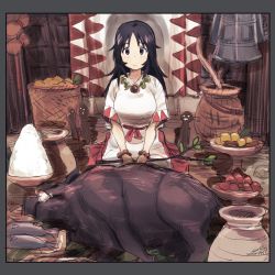 1girl basket black_hair blue_eyes boar border bracelet closed_mouth dated doll dress fanta_(the_banana_pistols) female_focus fish food fruit girls_und_panzer grey_border holding holding_stick jewelry long_hair looking_at_viewer necklace parted_bangs salt signature sitting solo stick tareme vase white_dress yamagou_ayumi