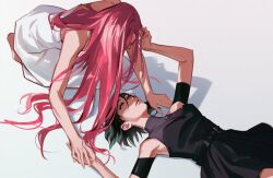 2girls alien_stage black_dress black_hair black_sleeves commentary detached_sleeves dress english_commentary holding_hands lesly_oh long_hair lying mizi_(alien_stage) multiple_girls on_back pink_hair shadow short_hair short_sleeves sleeveless sleeveless_dress sua_(alien_stage) very_long_hair white_dress