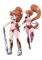 1girl absurdres armor armored_boots ass bikini bikini_armor boots bracer breasts caron_(rall) commentary_request cream_lemon from_behind full_body green_eyes hand_on_own_hip highres kabashima_yousuke knee_boots long_hair multicolored_bikini multiple_views navel open_mouth orange_hair ponytail red_bikini running sf_choujigen_densetsu_rall shoulder_armor side-tie_bikini_bottom simple_background small_breasts smile standing swimsuit sword thighs two-tone_bikini weapon white_background