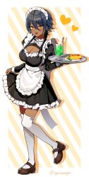 1girl agame-san_(agamemega) agamemega apron artist_name blonde_hair blue_hair blush border bow braid breasts broccoli brown_shoes cherry cleavage dark-skinned_female dark_skin diagonal-striped_background drink food foot_up fruit hair_between_eyes heart highres holding holding_tray ice_cream large_breasts legs looking_at_viewer maid maid_apron maid_headdress multicolored_hair omelet omurice open_mouth original shadow shoes short_hair simple_background striped_background thighhighs thighs tomato tongue tray twin_braids twitter_username two-tone_hair waitress white_border white_bow yellow_eyes