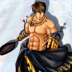 1boy abs black_gloves black_pants black_shirt brown_hair closed_mouth commentary_request cowboy_shot cross cross_necklace cross_of_prontera flame_print frying_pan gauntlets gloves green_eyes grey_background holding holding_frying_pan jewelry looking_at_viewer male_focus muscular muscular_male necklace no_nipples pants ragnarok_online shirt short_hair simpatiaein smile solo sura_(ragnarok_online) topless_male