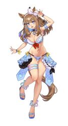 1girl :d absurdres almond_eye_(umamusume) animal_ears anklet arm_up armlet armpits bikini blue_bikini blue_eyes blue_hair blunt_bangs blush bow bracelet braid breasts brown_hair brown_tail colored_inner_hair dress eyelashes feet frilled_dress frills full_body hair_ornament hairband highres horse_ears horse_girl horse_tail jewelry large_breasts legs long_hair looking_at_viewer multicolored_hair navel open_mouth ress_beep sandals simple_background skindentation smile solo standing standing_on_one_leg swimsuit symbol-shaped_pupils tail thighlet thighs toenails umamusume white_background white_bow white_hairband