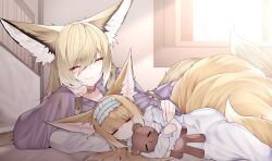 2girls absurdres animal_ear_fluff animal_ears arknights blonde_hair closed_eyes closed_mouth commentary dated_commentary dress fox_ears fox_girl fox_tail frilled_hairband frills green_hairband hairband highres indoors kitsune kyuubi long_hair long_sleeves lying mother_and_daughter multiple_girls multiple_tails samip sleeping stuffed_animal stuffed_toy suzuran_(arknights) tail teddy_bear vulpisfoglia_(arknights) white_dress