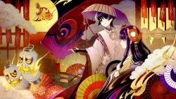 1boy 1girl absurdres adapted_costume black_bridal_gauntlets black_hair blunt_ends bridal_gauntlets bridge brown_hat chinese_knot chochin-obake clenched_hand detached_sleeves eyeliner eyeshadow fan_hair_ornament feathers fingernails fox_mask full_moon genshin_impact grey_lips hand_fan hand_up hat highres holding holding_fan japanese_clothes kariginu kimono koinobori layered_kimono long_sidelocks looking_to_the_side makeup mask mask_on_head mitsudomoe_(shape) momogourami moon mother_and_son multicolored_hair night night_sky oil-paper_umbrella open_hand open_mouth outstretched_arm pom_pom_(clothes) purple_eyes purple_hair purple_kimono raiden_shogun red_eyeliner red_eyeshadow red_ribbon ribbon ribbon-trimmed_sleeves ribbon_trim sandogasa scaramouche_(genshin_impact) scaramouche_(kabukimono)_(genshin_impact) sidelocks sky sliding_doors statue straw_hat streaked_hair tomoe_(symbol) traditional_youkai tsurime umbrella wheel white_kimono white_mouth white_sleeves wide_sleeves windsock yellow_feathers